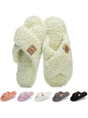 Women Slipper Light Green Soft House Shoes Slip On Memory Foam Cozy Cross Band